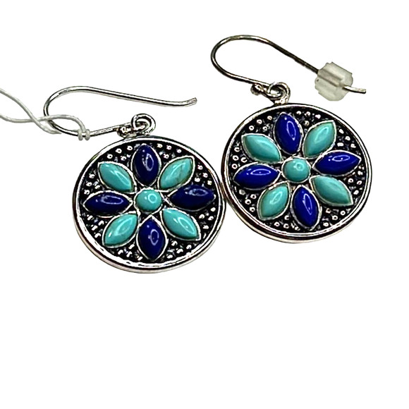 R. H. Macy Sterling Silver, Turquoise & Lapis Flower Drop Earrings - Picture 2 of 3